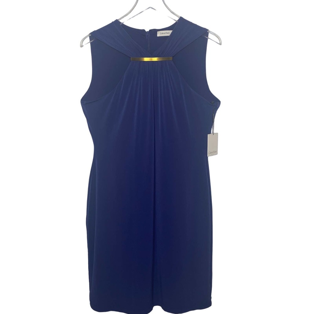 Calvin Klein navy sleeveless dress with gold bar detail size 14